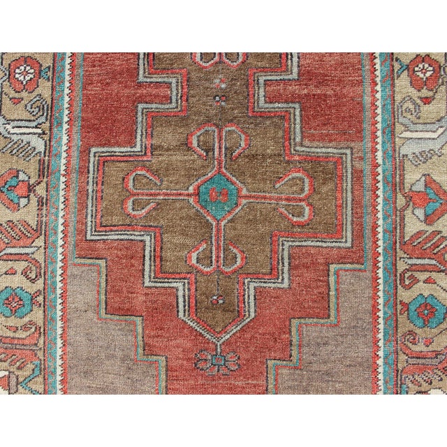 Textile Vintage Turkish Oushak Rug in Warm Terracotta, Olive Brown, and Aqua Blue 4'2 X 7'5 For Sale - Image 7 of 9