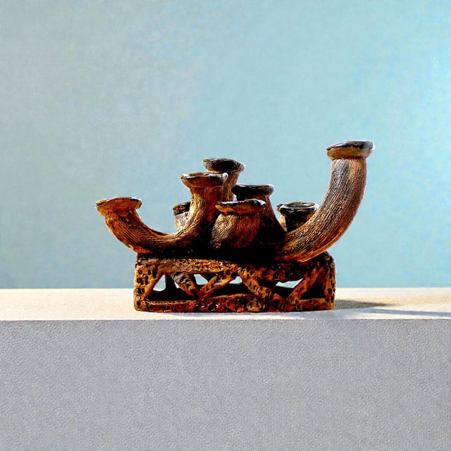 An Anamorphic 1970s Unsigned Brutalist Clay Sculpted Earth-Tone Menorah 9 Stick Candelabra For Sale - Image 4 of 8