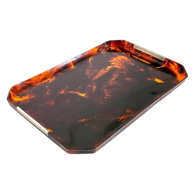 Mid-Century Modern Mid 20th Century Faux Tortoise Shell Lucite Tray With Steel Detail by Guzzini For Sale - Image 3 of 11