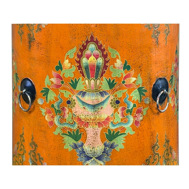 Distressed Light Orange Tibetan Style Jewel Symbol Round Drum Table For Sale - Image 9 of 10