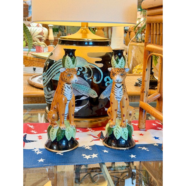 Vintage Regency Leopard Figural Ceramic Candlestick Holders Manner of Lynn Chase-Pair For Sale - Image 12 of 12