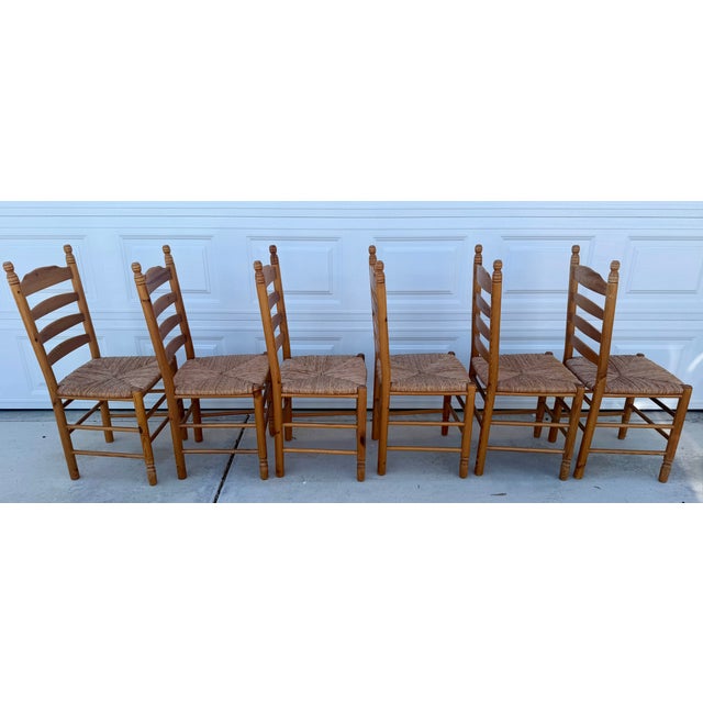 Mid 20th Century Set of 6 Ladder Back Shaker Farm House Chairs With Rush Seats For Sale - Image 11 of 17
