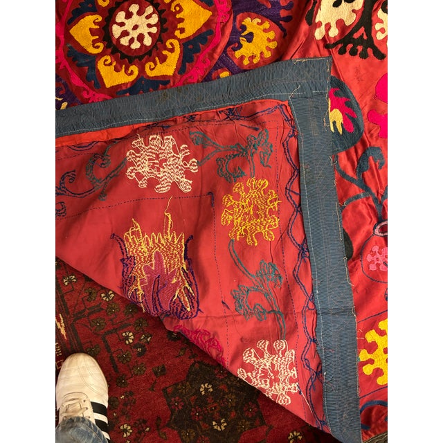 1940s Vintage Uzbek Suzani Silk Embroidered Tapestry, Circa 1960s–1970s, Large 74” X 74” Central Asian Wall Hanging [Af] For Sale - Image 5 of 10