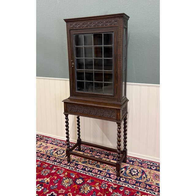 Antique English Oak Jacobean Revival Barley Twist Bookcase Display Cabinet 1900s For Sale - Image 4 of 18