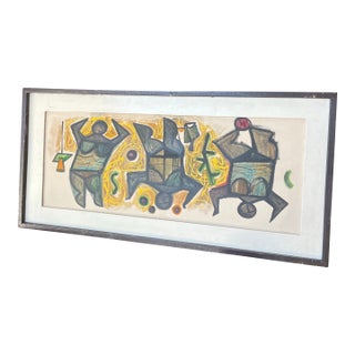 1970s Original Art Oil, Moving Figures Framed For Sale