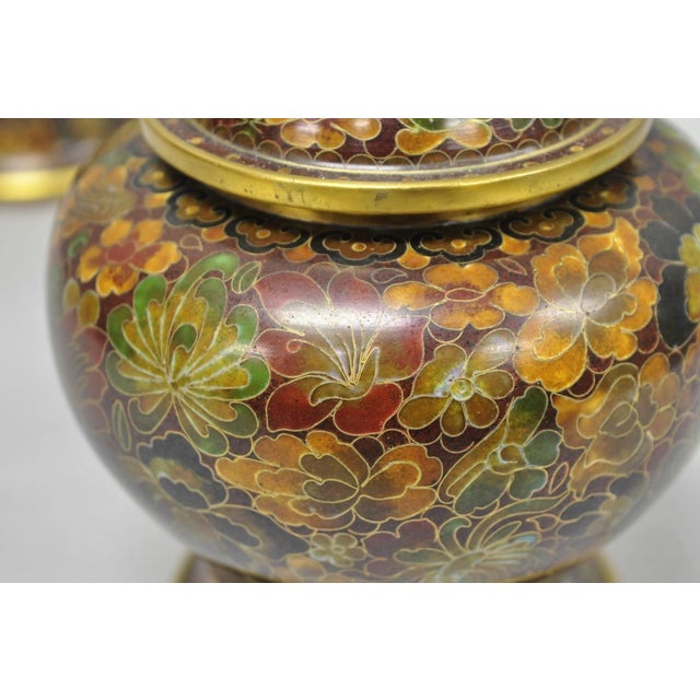 Vintage Cloisonné Chinese Small Enameled Brown Covered Ginger Jar on Stand, Pair For Sale - Image 13 of 18