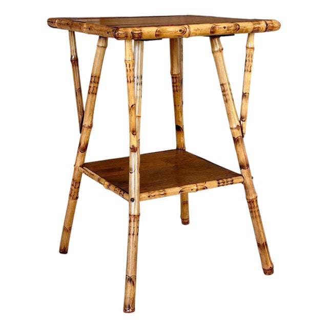 Antique Scorched Bamboo Two-Tier Side Table With Wood Shelves For Sale