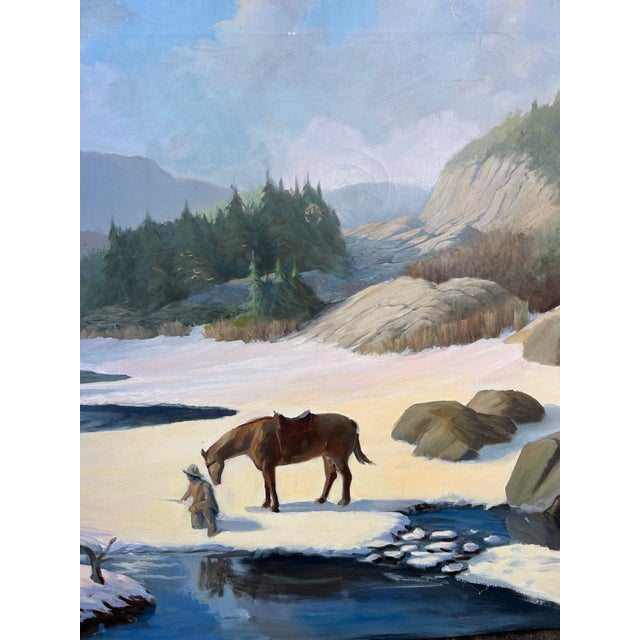 Vintage Oil Painting of a Man and Horse in Snowy Rocky Mountain Landscape For Sale - Image 4 of 5