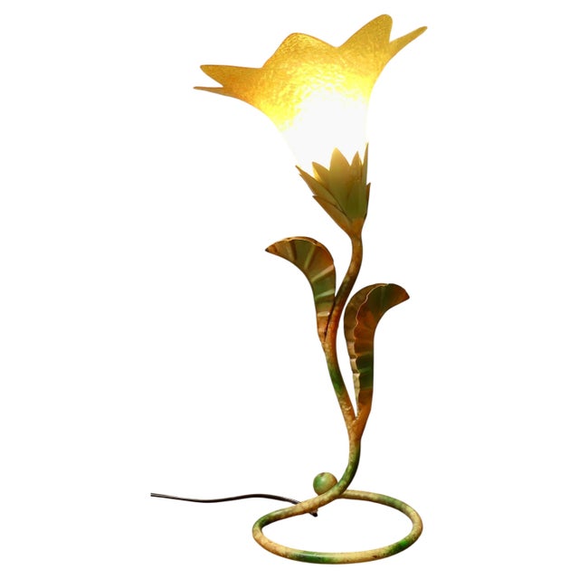 French Painted Toleware Lilly Pad Table Lamp, 1960 For Sale - Image 9 of 9