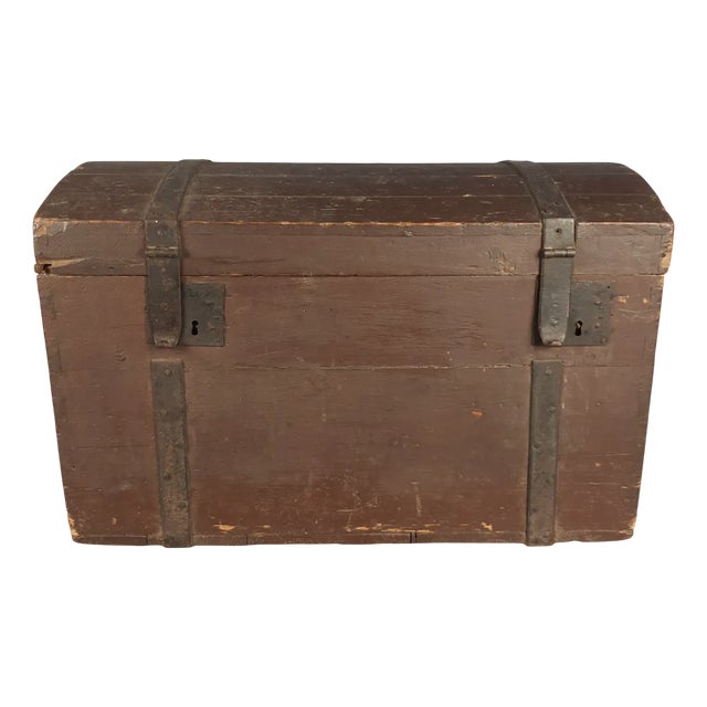Vintage Industrial Wooden Iron Trunk, 1920s For Sale