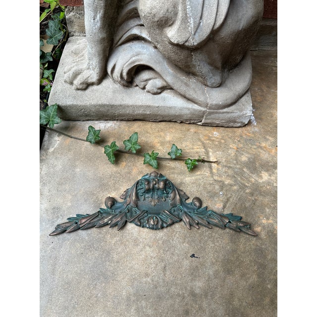 1950s Vintage Baroque Cast Metal Bronze Architectural Pediment With Verdigris Patina – Castilian Imports For Sale - Image 5 of 6