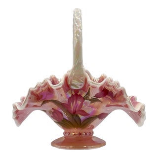 Fenton 95th Anniversary Glass Legacy Rosaline Tulip Basket Hand Painted, Signed For Sale