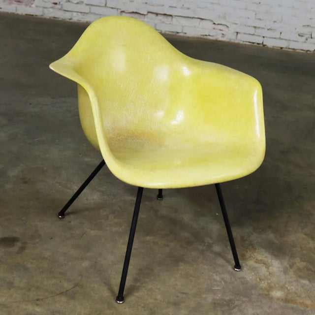 Zenith Vintage Mid Century Modern Eames Herman Miller Lax Fiberglass Arm Shell Chair X Base Zenith Rope Edge Yellow For Sale - Image 4 of 13