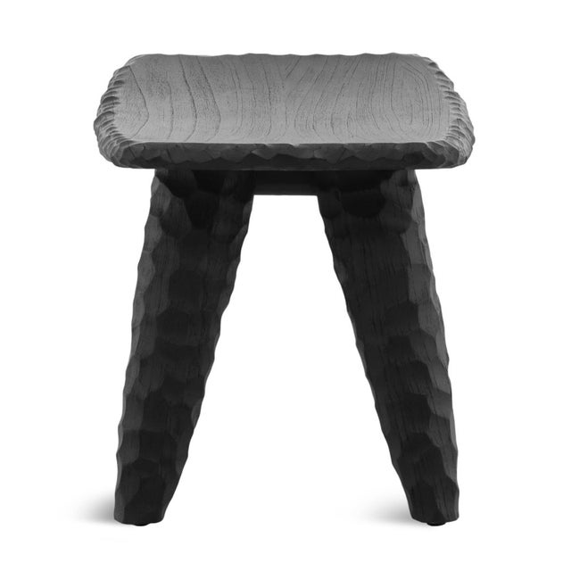 Modern Tribal Black Chiseled Leg Wood Low Stool For Sale - Image 4 of 12