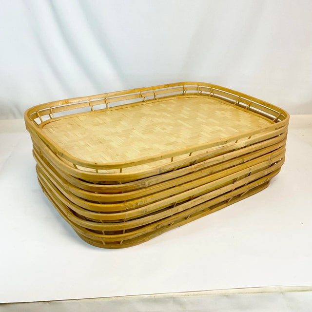 Mid-Century Boho Chic Coastal Woven Rattan Stacking Serving Tiki Trays - Set of 8. For Sale - Image 4 of 9