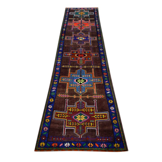 1960s 1960s Colorful Geometric Design Handwoven Wool Vintage Turkish Runner 3' X 11'10" For Sale - Image 5 of 6