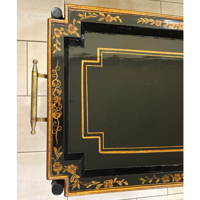 Wood Vintage Chinoiserie Tiered Coffee Table With Serving Tray and Gold Metal Handles, Tiers Lined With Woven Cane, Faux Bamboo Legs and Floral Motifs For Sale - Image 7 of 12
