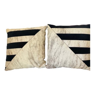 Pair Pony Hide Fur Pillows Suede With Suede Leather For Sale