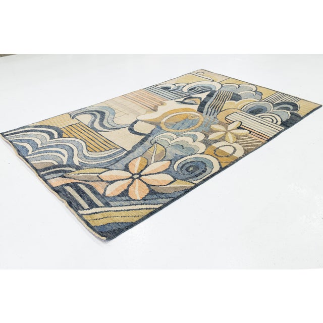 Art Deco Art Deco Inspired Modern Portrait Rug – 5x9 Hand-Knotted Wool in Blue and Gold For Sale - Image 3 of 9