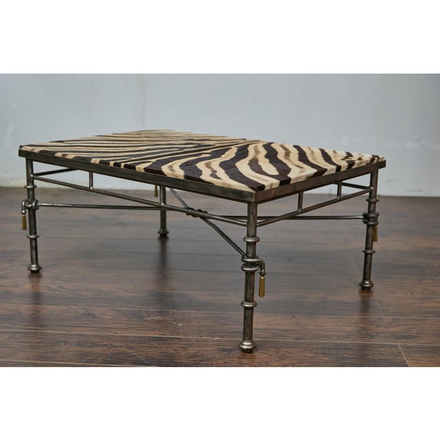 Eclectic Midcentury Zebra Hide Top Metal Coffee Table with Petite Gilt Tassels For Sale - Image 9 of 12