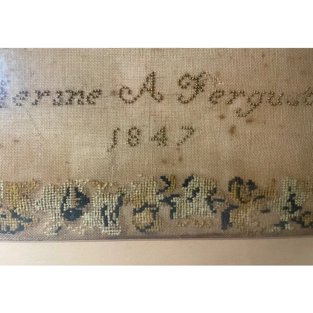 Brown Antique 1800's Hand Embroidered Needlepoint Sampler Religious Cross Memorial Art For Sale - Image 8 of 12