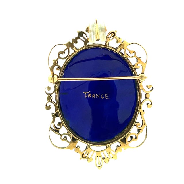 Exquisite 14k gold vintage French portrait brooch and pendant convertible, featuring a female portrait against a rich...