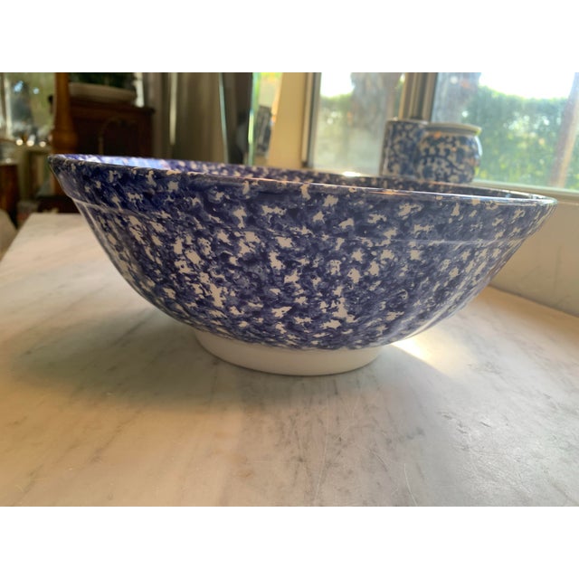 Ceramic Vintage Large Blue Splatter Speckled Spongeware Serving Bowl For Sale - Image 7 of 8