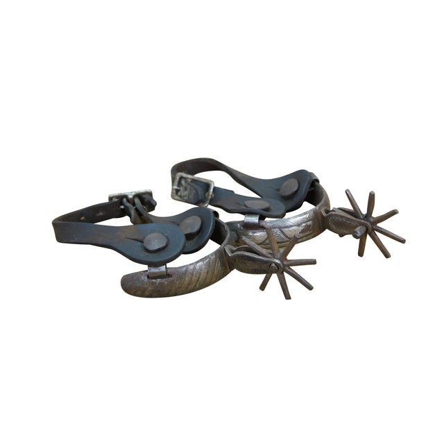 Antique Western / Southwestern Mexican Spanish Cowboy equestrian / horseshoe Charro spurs made of wrought iron with copper...