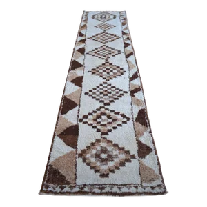 1970s Pure Natural Undyed Wool Hand-Knotted Turkish Runner Rug Moroccan Style - 3′1″ × 12′3″