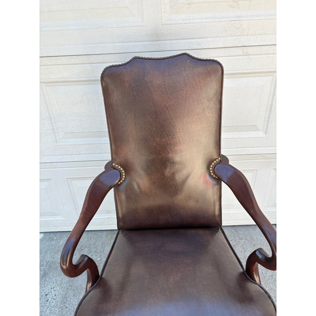 Vintage Hickory Chair Leather Library Armchair | English Georgian Queen Anne Style Accent Chair For Sale - Image 9 of 12
