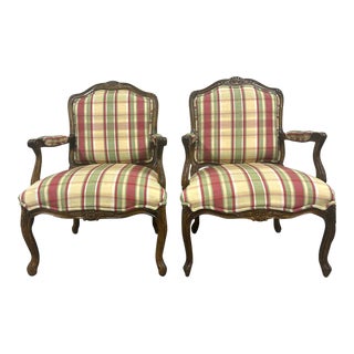 Highland House French Country Louis XV Style Plaid Armchairs Fauteuils - Pair For Sale