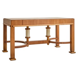 French Maple Desk with Hand-Cut Inlaid Parquetry Top, 1940s For Sale