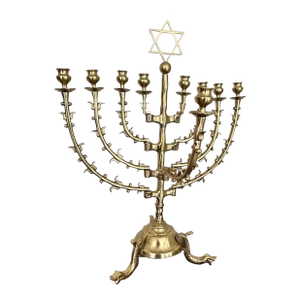 Large Antique Dutch Brass Menorah With Detachable Branch Arms & Dolphin Feet