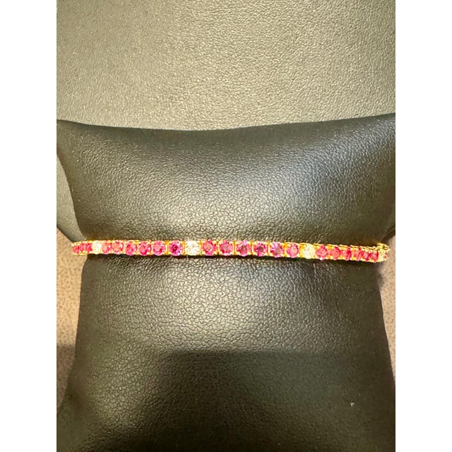 2010s Natural Round Ruby & Diamond Tennis Bracelet 14 Karat Yellow Gold 6.75 Inch For Sale - Image 5 of 18
