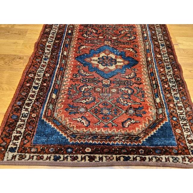 Persian Vintage Persian Malayer Area Rug, Hand-Knotted Wool, Geometric Pattern, 2x3, Red & Blue For Sale - Image 3 of 8