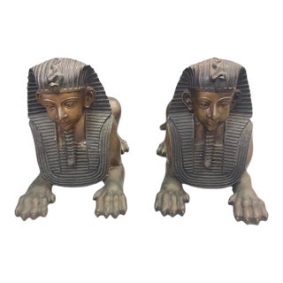 1990s Pair of Patinated Bronze Egyptian Revival Pharaoh Sphinx For Sale