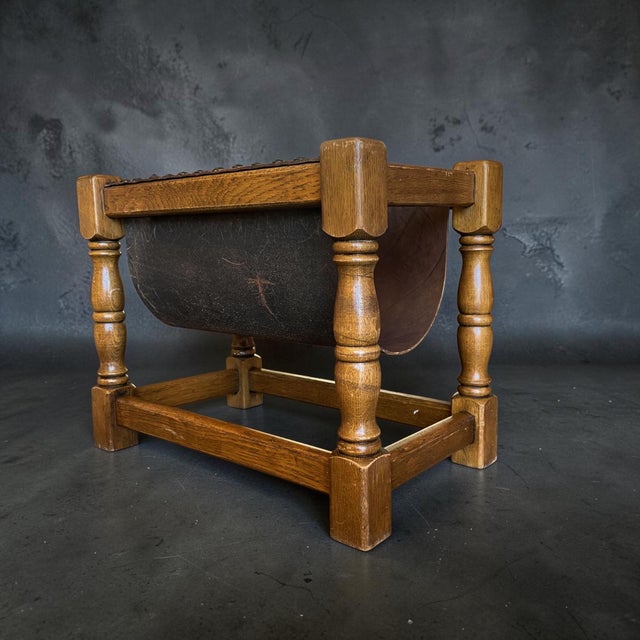 Dutch Wood Magazine Rack with Leather Sling, 1970s For Sale - Image 3 of 12
