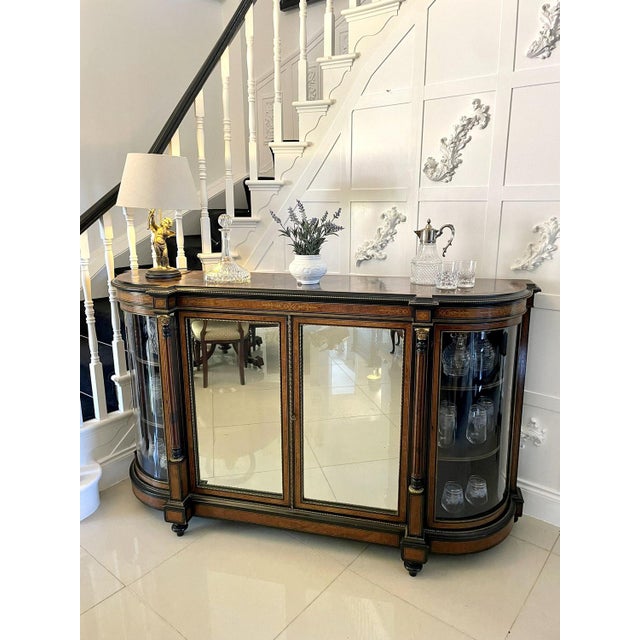 Superb quality large antique victorian burr walnut and amboyna inlaid credenza having a superb quality burr walnut top...