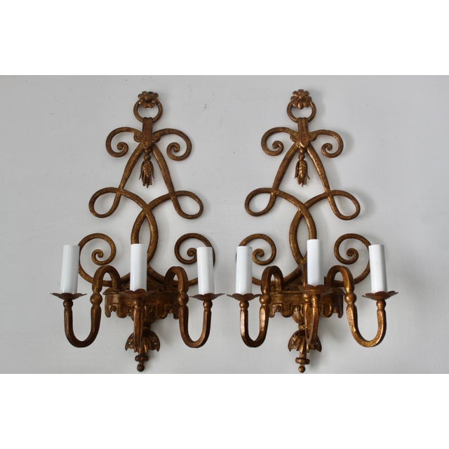 Metal Vintage Italian Florentine Style Gold Finished Scrolling Arms Electric Wall Sconces- A Pair For Sale - Image 7 of 15