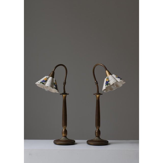Scandinavian Flower Table Lamps in Brass and Faience by Svend Mejlstrøm, 1960s, Set of 2 For Sale - Image 3 of 18