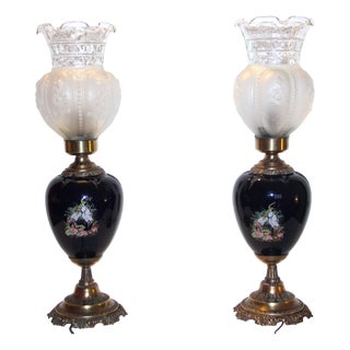 Cobalt Blue Ceramic and Brass Buffet Lamps with Satin Glass Shades, 1960s, Set of 2 For Sale