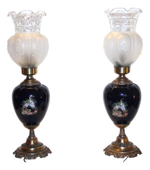 Cobalt Blue Ceramic and Brass Buffet Lamps with Satin Glass Shades, 1960s, Set of 2