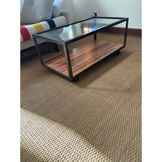 Metal Industrial Custom Made Metal and Chicken Wire Glass Coffee Table on Casters For Sale - Image 7 of 10