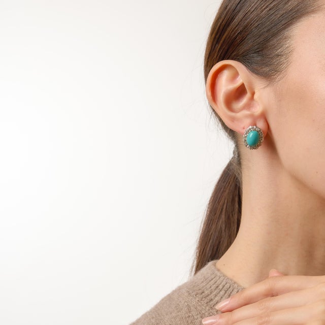 1910s 1910s Edwardian Turquoise Diamond 18k Yellow Gold Cluster Earrings, A Pair For Sale - Image 5 of 6