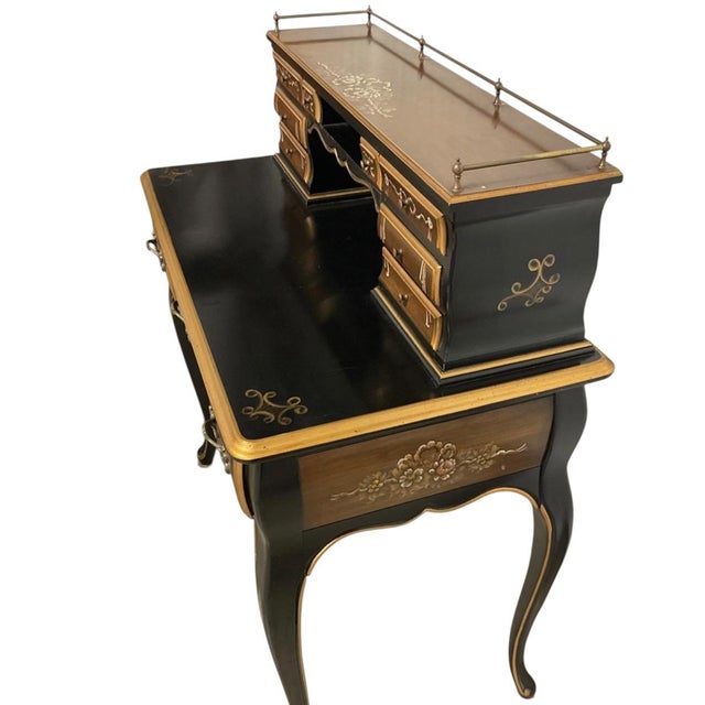 Early 20th Century Chinoiserie-Style Black Lacquer Harpsichord Desk and Matching Cane Back Chair. For Sale - Image 4 of 9