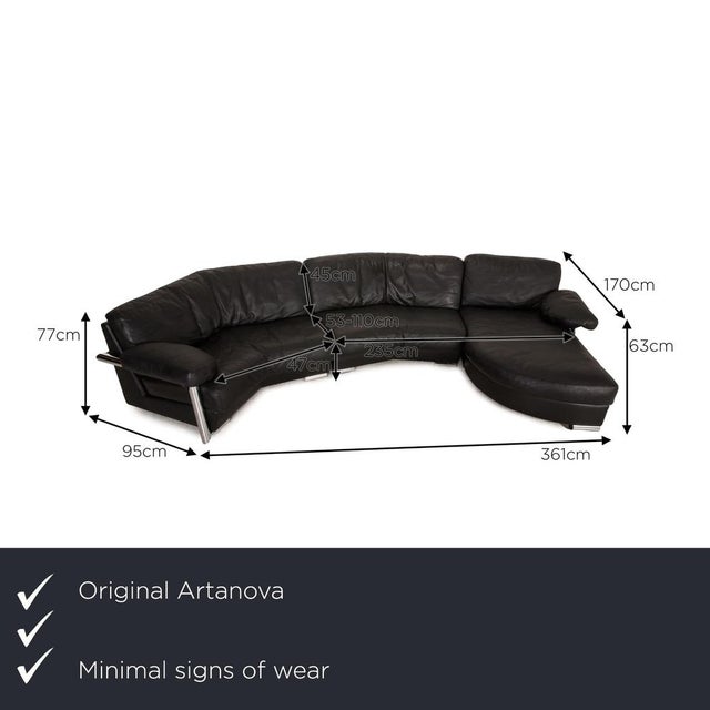 The Medea sofa by Artnova is upholstered in black genuine leather and stands on silver metal legs. Its classic, timeless...