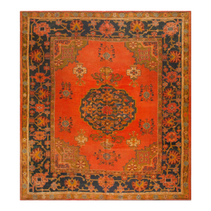 Decorative Turkish Antique Oushak Rug on a Red-Raspberry Background Color With Medallion Pattern