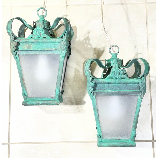 Vintage French Style Solid Brass Lanterns / Pendents With Verdigris For Sale - Image 15 of 15