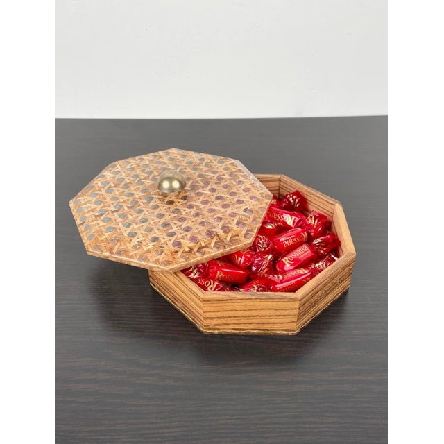 Metal Acrylic Wicker Wood & Brass Octagonal Box by Christian Dior, France, 1970s For Sale - Image 7 of 10