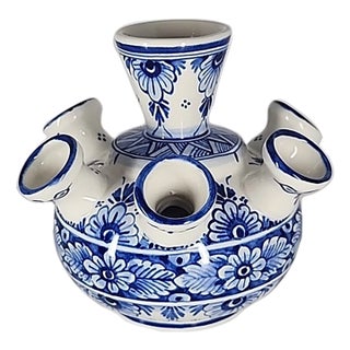 Vintage Delft Blue 7 Arms Sprout Hand Painted Tulip Ceramic Vase For Sale